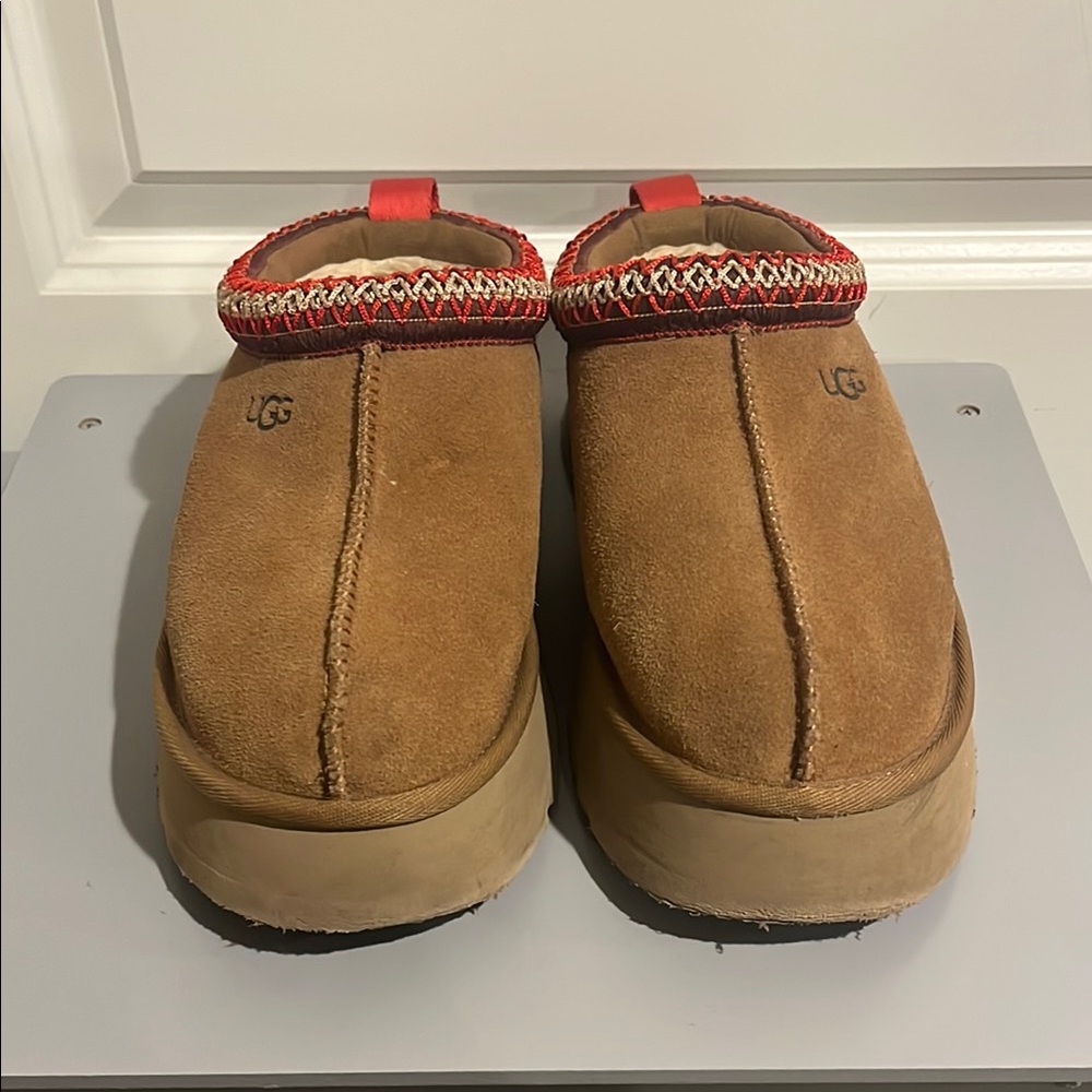 UGG Tan and Red Slip-On Loafers